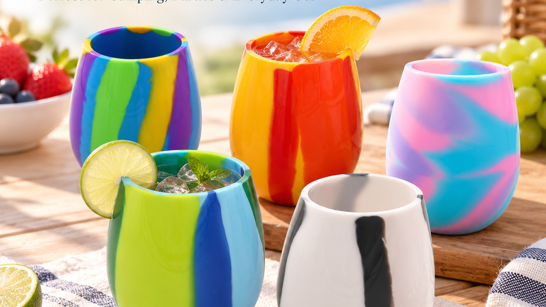 Mixed-color stemless silicone cups for outdoor use