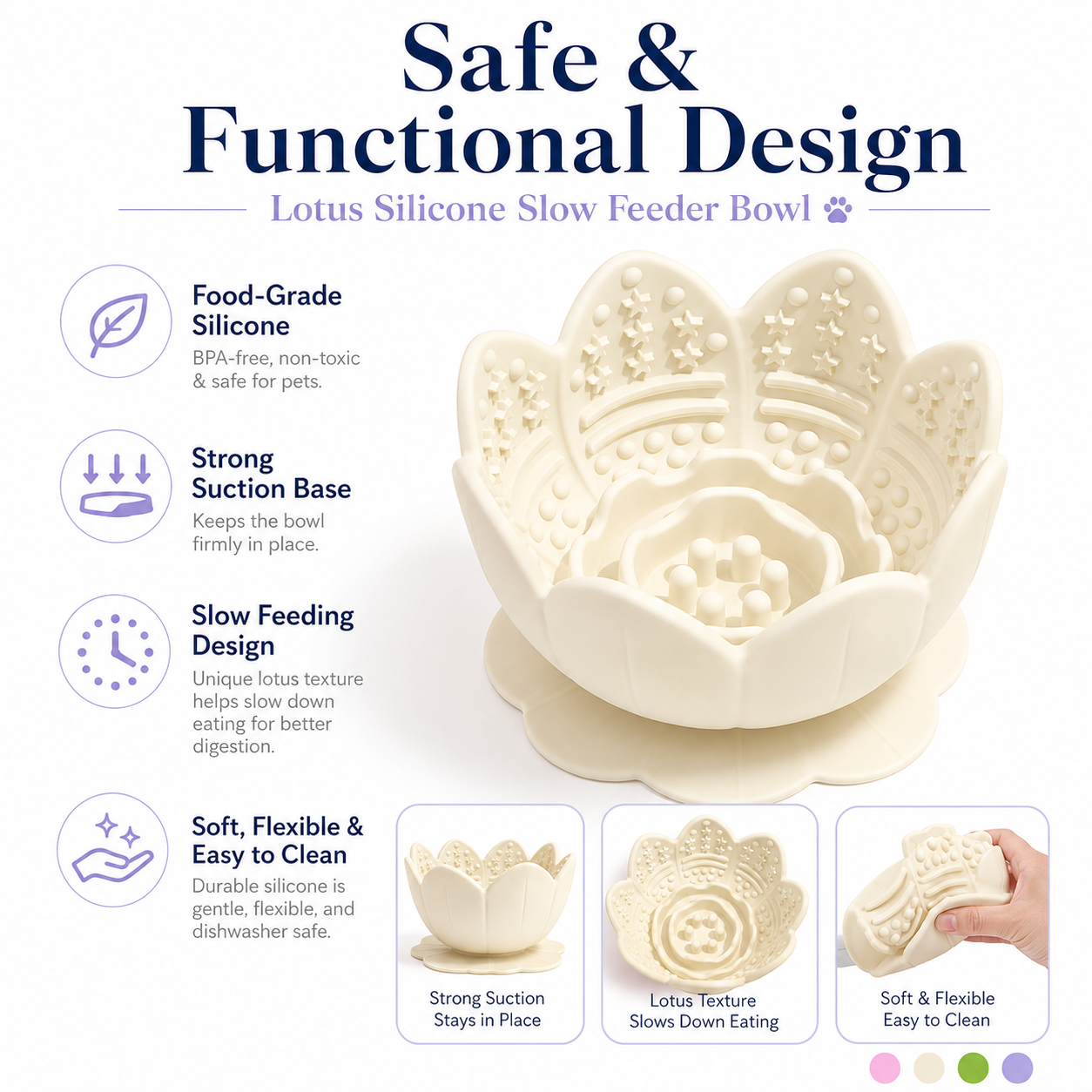 Lotus-design silicone slow-feeder bowl with sucker for Dogs & Cats - image 3